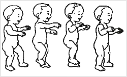 کودکى که راه رفتن را شروع کرده است. به کوتاهى طول گام‌ها و حالت دفاعى دست‌ها توجه فرمائيد

