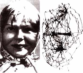 حرکات چشم در جریان نگاه کردن به تصویر. در کنار تصویر دختربچه، نگارهٔ حرکات چشم یک آزمودنی که تصویر دختربچه را وارسی می‌کند، دیده می‌شود (اقتباس از یاربوس - Yarbus در ۱۹۶۷).
