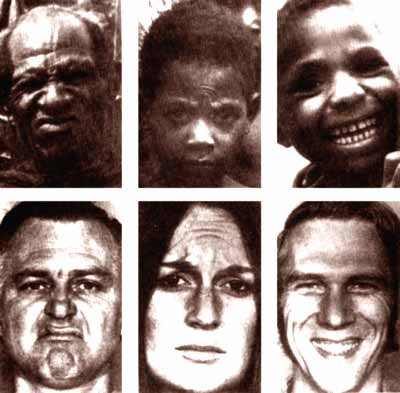 جلوه‌های چهره به‌عنوان نشانه‌های هیجان، معنائی جهانی دارند. عکس‌هائی از مردمان گینهٔ نو و ایالات متحدهٔ امریکا حاکی از آن است که تجلی هیجان‌ها در چهرهٔ هر دو گروه همانند است. از چپ به راست تجلی شادی، اندوه، و نفرت را می‌بینید.
