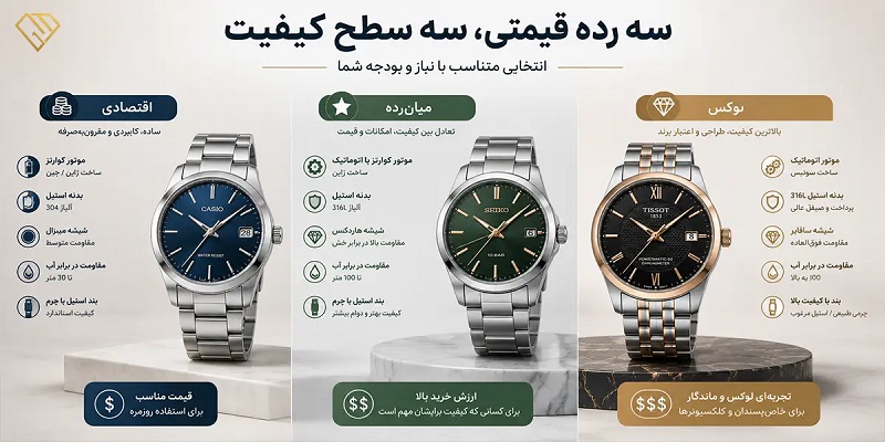 مقایسه سه رده کیفیت ساعت مچی؛ اقتصادی، میانرده و لوکس با ویژگیهای هر گروه در آریو گالری