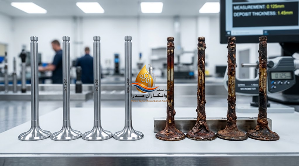 بررسی ماکرو و مقایسه‌ای قطعات، نشان‌دهنده لایه‌های لاک و رسوبات اکسیداسیون بر روی سوپاپ‌ها و رینگ‌ها