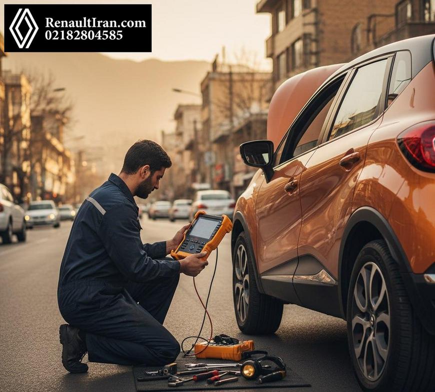 مکانیک سیار در حال اتصال دستگاه OBD و خواندن خطاهای ECU کنار خیابان