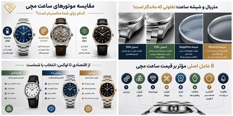 عوامل تعیینکننده قیمت ساعت مچی؛ مقایسه موتور، متریال، شیشه، برند و کیفیت ساخت